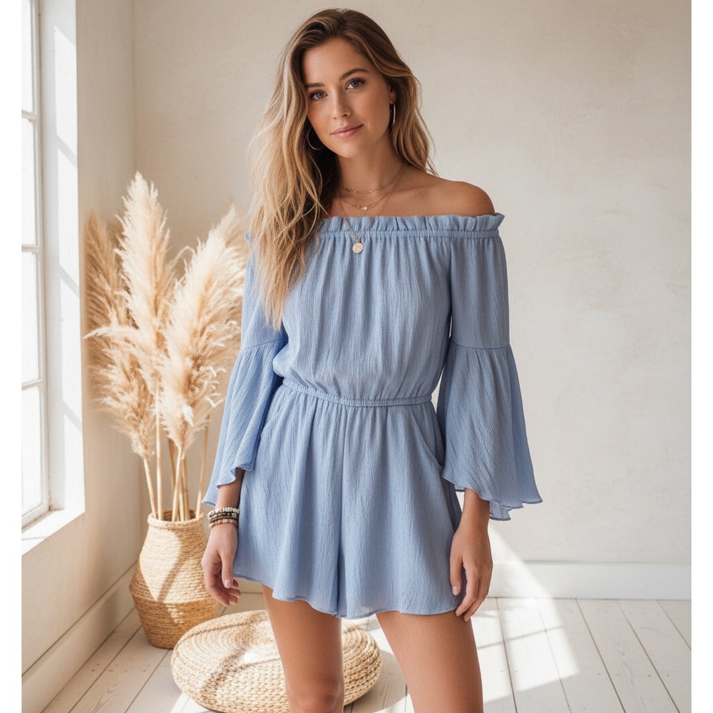 Gianni Bini XS Romper Shorts Blue Bell Sleeve Flowy Boho Coquette Coastal Casual